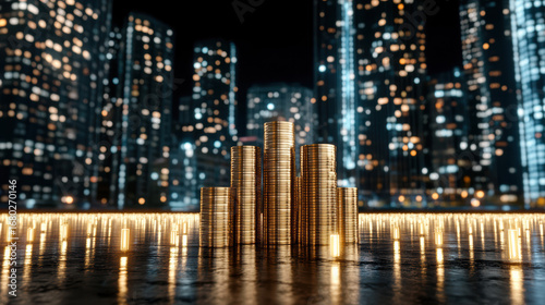 Stacks of coins illuminated against city skyline night, symbolizing wealth and investment