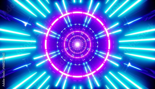 Neon rings and lines form a futuristic tunnel
