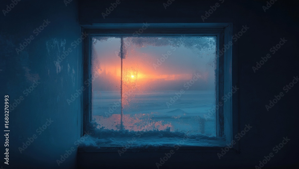 Obraz premium Frozen window, sunset view