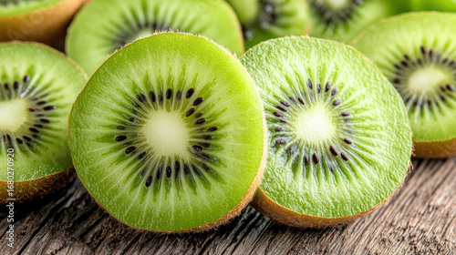 Fresh kiwi slices display vibrant green color and tiny black seeds, showcasing natural beauty