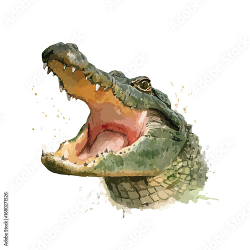 A Detailed Watercolor Illustration of a Crocodiles Head Open Jaw