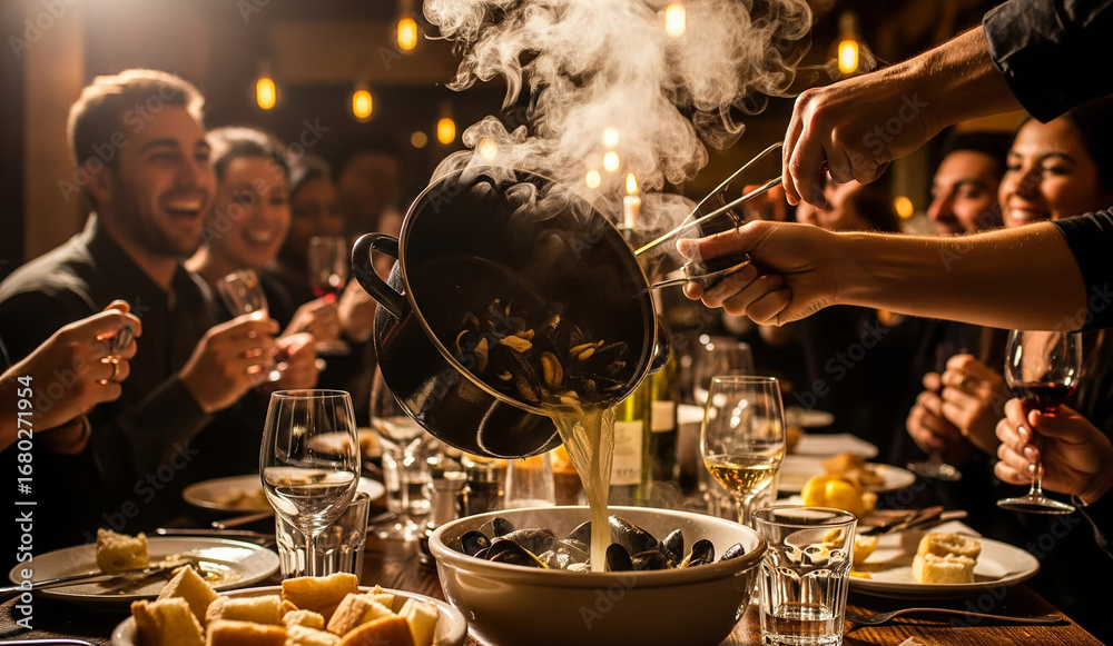 Naklejka premium A large, boisterous dinner party with many hands reaching for food, with a chef pouring a steaming sauce over a dish in the foreground, a scene of joyful, communal feasting.