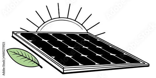 Illustration of a solar panel with sun rays and a green leaf representing renewable energy source