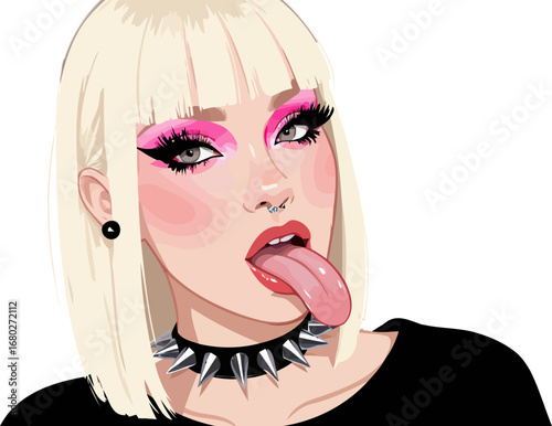 Sassy punk rock girl with a blonde bob, nose ring, and pink makeup