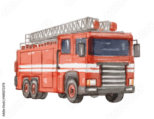 Watercolor fire truck isolated on white background