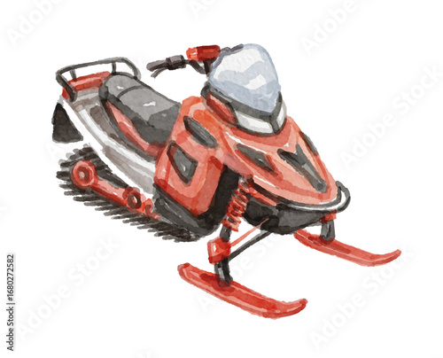 Hand painted watercolor red snowmobile isolated