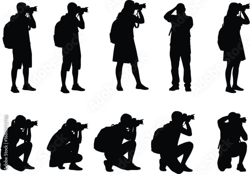 Silhouette of photographers taking pictures, standing and squatting poses, with camera, backpack, outdoor photography concept, travel, hobby, lifestyle, capture