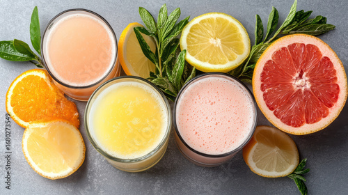 Fresh citrus juices in glasses with orange, lemon, and grapefruit slices