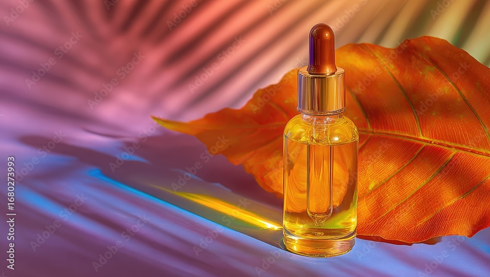 Naklejka premium Amber serum bottle, fall leaf backdrop