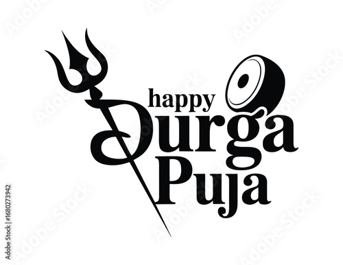 Black and white Durga Puja text design with trishul and dhak symbols, celebrating Hindu festival spirit, tradition, and cultural symbolism