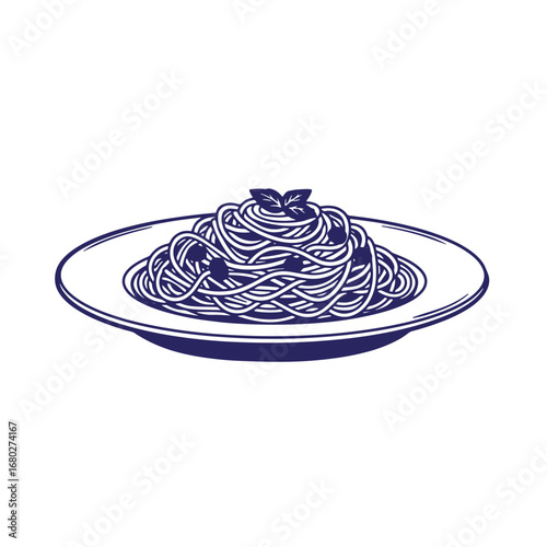 Elegant vector illustration of spaghetti pasta on a white plate with basil garnish