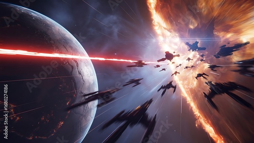 Space battle fleet engaging planet with laser ships