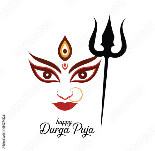 Durga Puja illustration featuring goddess Durga’s stylized face with flame symbol, trishul, bindi, and festive text celebrating divine power