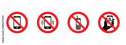 no phone allowed icon set with red prohibition symbol for signboard and warning design