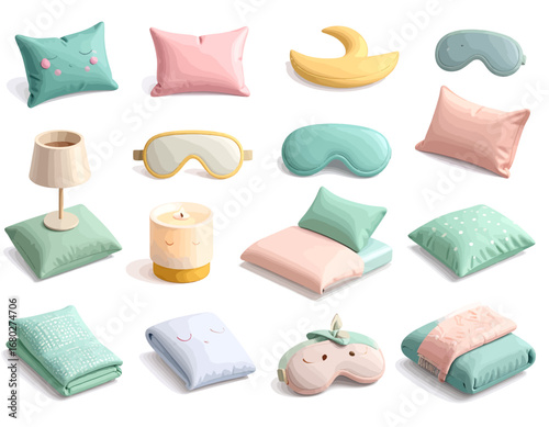 Adorable set of cozy sleep essentials soft pillows, eye masks, and blankets for ultimate home comfort