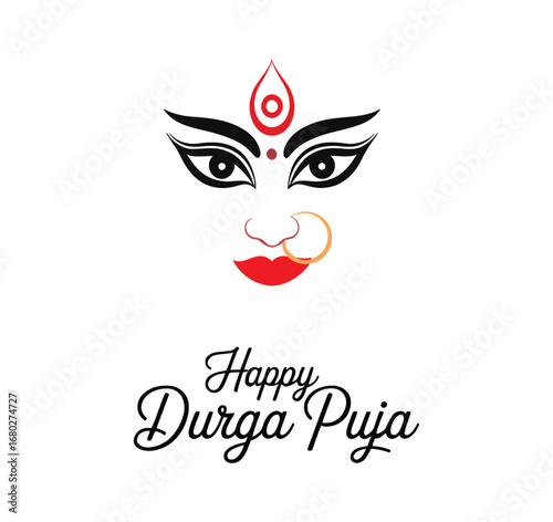 Minimalist Durga Puja artwork featuring goddess Durga’s stylized face with bold eyes, bindi, lips, and nose ring, celebrating divine femininity