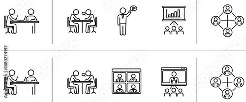 Business communication icons set including interviews presentations team meetings online collaboration video conferencing line style symbols for UI UX