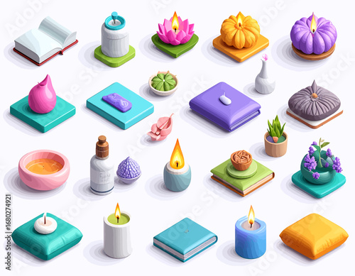 Collection of soothing isometric illustrations depicting self-care, spa, and relaxation essentials for a peaceful lifestyle