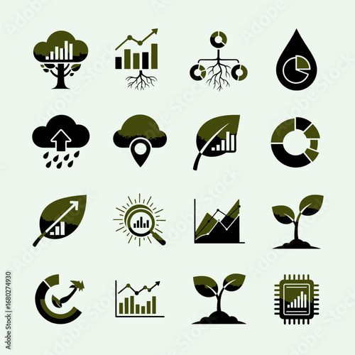 Black ecology icons set with nature, recycling, and water symbols, a vector illustration of sustainable energy and a natural house