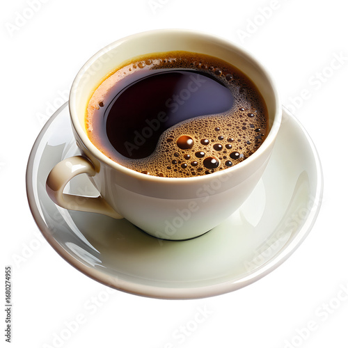 A cup of black coffee with foam and bubbles in a white mug on a saucer, isolated on transparent background