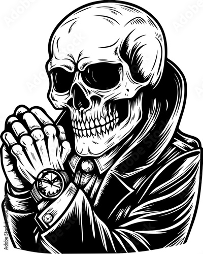 SVG of a street-lifestyle skeleton with a Halloween theme. Skull Illustration with Watch in Praying Position and Leather Jacket