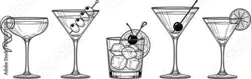 Cocktail glass vector set with martini, whiskey, coupe and garnish illustrations in black and white line art style