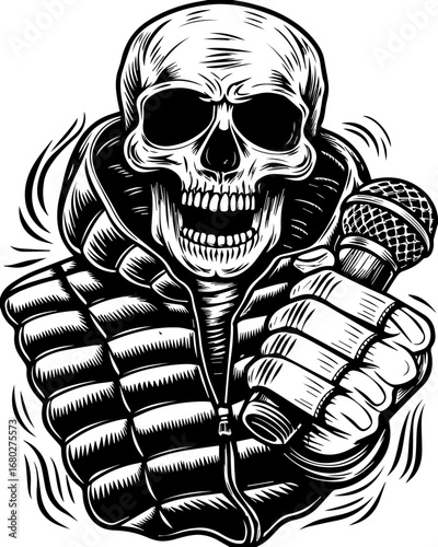 SVG of a street-lifestyle skeleton with a Halloween theme. Skull Character with Microphone in Stylish Hoodie Design