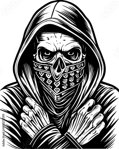 SVG of a street-lifestyle skeleton with a Halloween theme. Mysterious Hooded Figure with Skull Mask and Intense Expression