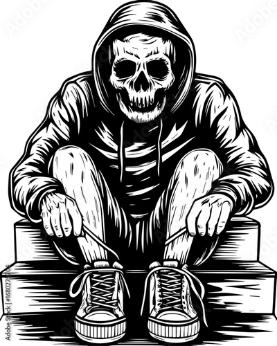 SVG of a street-lifestyle skeleton with a Halloween theme. Creepy Skeleton in Hoodie Tying Shoes on Steps Black and White Art