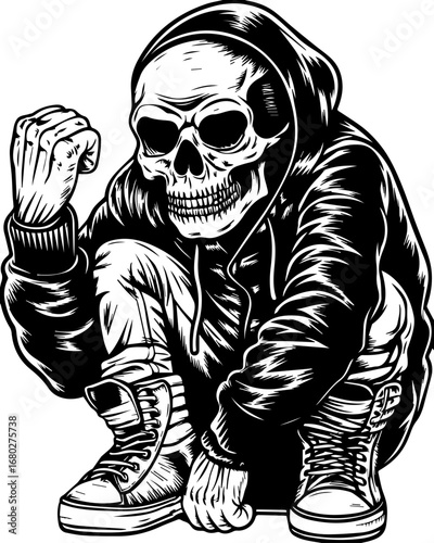 SVG of a street-lifestyle skeleton with a Halloween theme. Skeleton in Hoodie and Sneakers Sitting in a Crouched Position