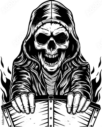 SVG of a street-lifestyle skeleton with a Halloween theme. Dark Skull Figure in Hooded Cloak Emerging from Flames