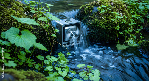 Embracing Sustainable Living with a Portable Hydroelectric Generator in a Serene Forest Stream