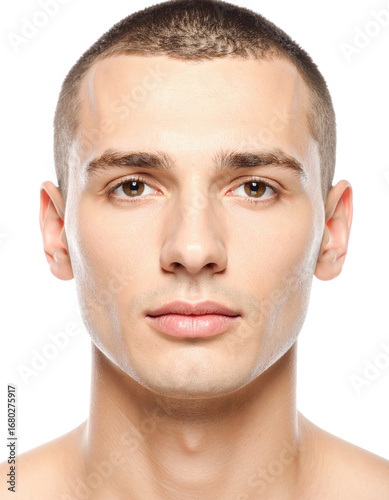 Young Man with Buzz Cut Portrait on White Background.