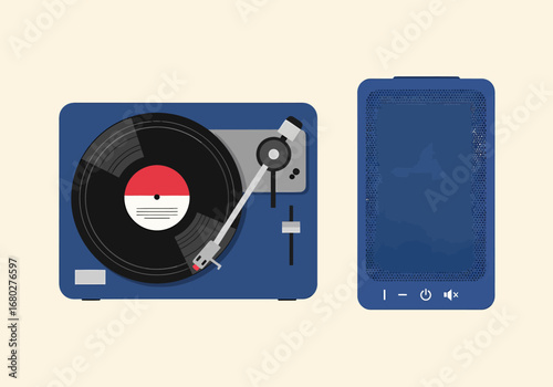 Flat vector illustration of blue record player and speaker