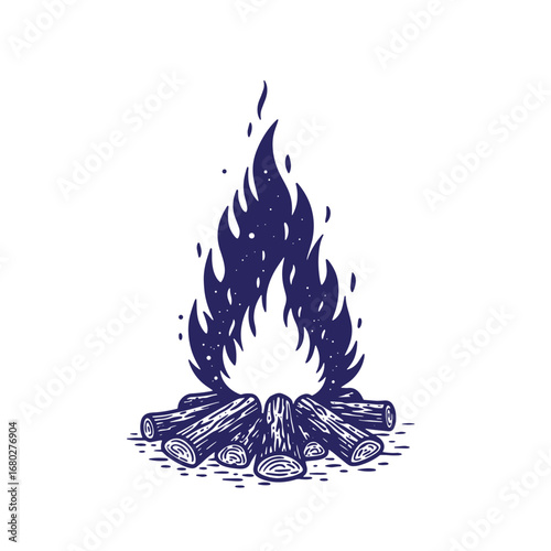 Hand drawn illustration of a campfire with glowing flames burning brightly on white background