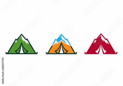 Flat vector mountain tents icon set for outdoor adventure camping