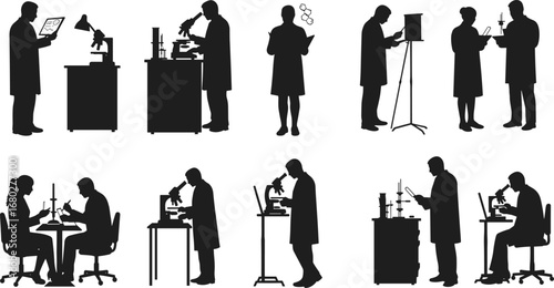 Silhouettes of scientists in lab, using microscopes, conducting experiments, analyzing data, teamwork in research, education, and medical science