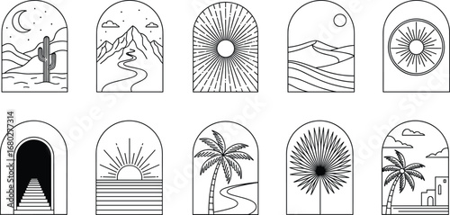 Minimalist desert and tropical landscape line art illustrations with mountains cacti palm trees sunrise sunset dunes and abstract arched frames