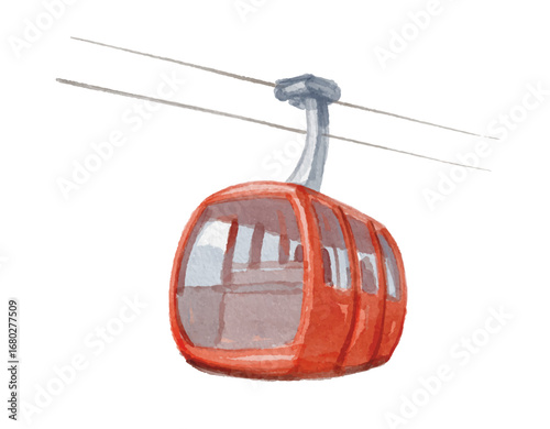 Hand painted watercolor red cable car isolated