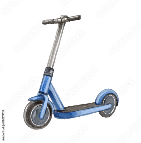 Watercolor blue kick scooter isolated on white background