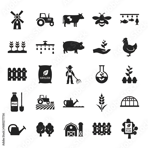 Farming, agriculture icon set. Vector glyph pictograms of tractor, barn, greenhouse, livestock, wheat, crop cultivation, livestock, and sustainable farm black silhouette new style