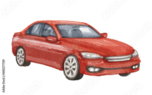 Hand painted watercolor red car isolated
