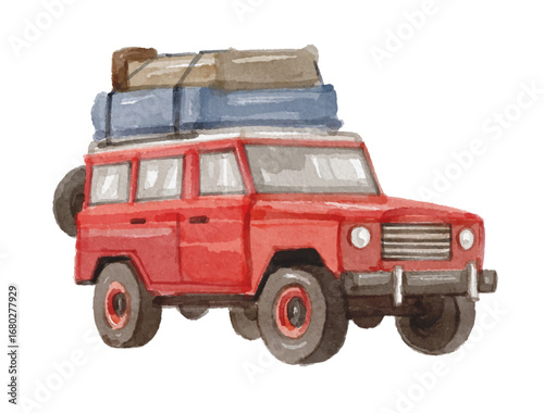 Watercolor travel car isolated on white background