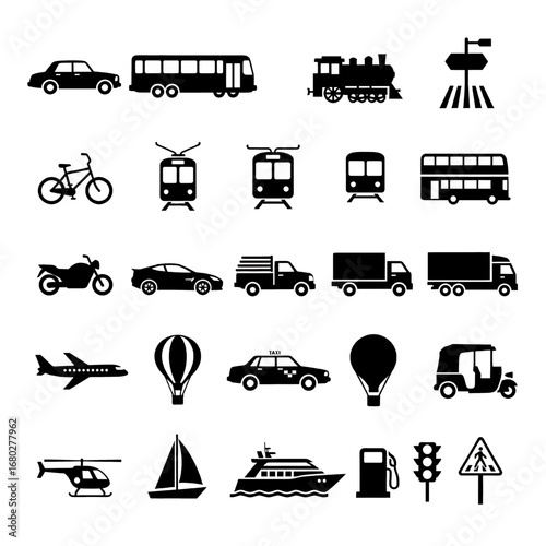 Transportation, vehicle icon set. Vector glyph pictograms of travel, logistics, public transit concepts, car, train, bus, bicycle, boat, and airplane black silhouette new