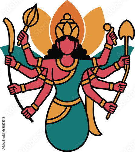 Goddess Durga with Multiple Arms Holding Weapons Vector Illustration