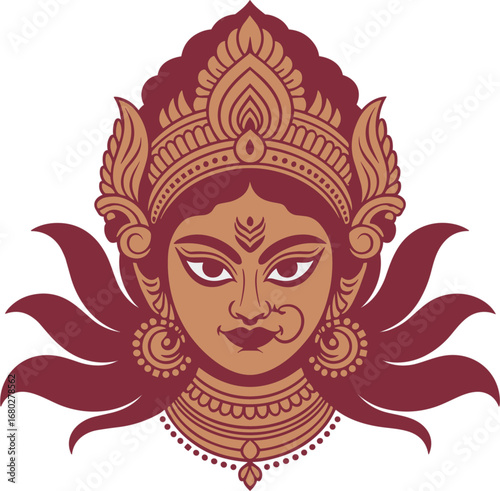 Goddess Durga Face with Ornate Headdress Vector Illustration