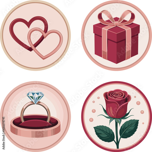 Set of Romantic Icons with Hearts, Gift, Ring, and Rose for Special Days