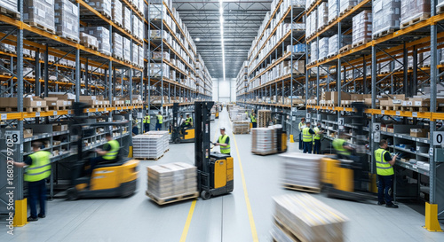 Warehouse in operation with numerous workers managing goods, showcasing organized storage and efficient logistics. The warehouse setting is filled with stacked boxes and forklifts