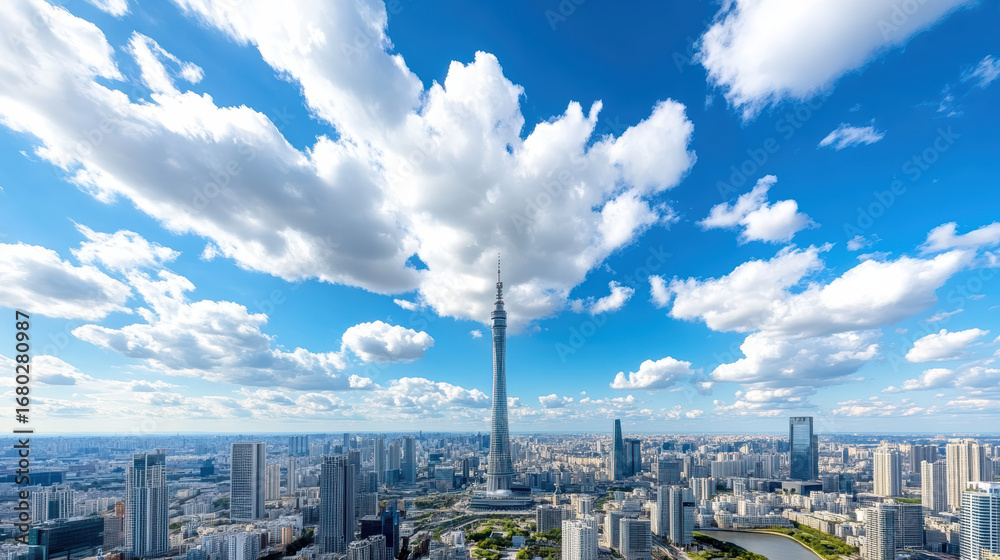 Naklejka premium Stunning urban skyline featuring tall tower surrounded by modern buildings bright blue sky with