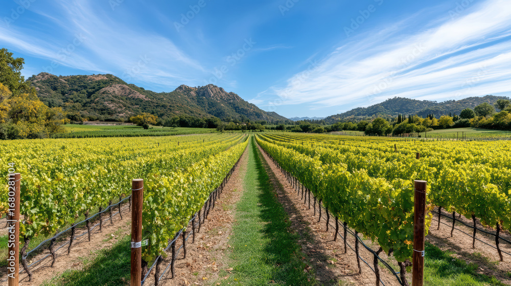 Naklejka premium Lush vineyard landscape with vibrant green grapevines under clear blue sky